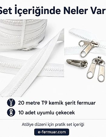 Branda ve Çadır Atölyeleri İçin T9 Kemik Şerit Fermuar Seti – 20 Metre + 10 Çekecek - ST-0012T9-20M10K