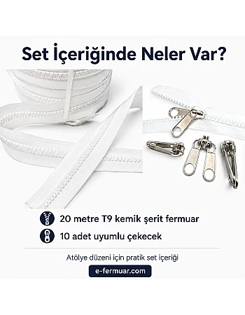 Branda ve Çadır Atölyeleri İçin T9 Kemik Şerit Fermuar Seti – 20 Metre + 10 Çekecek - ST-0012T9-20M10K