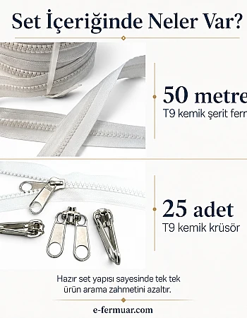 Branda ve Çadır Atölyeleri İçin T9 Kemik Şerit Fermuar Seti – 50 Metre + 25 Krüsör- ST-0012T9-50M25K