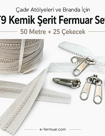 Branda ve Çadır Atölyeleri İçin T9 Kemik Şerit Fermuar Seti – 50 Metre + 25 Çekecek - ST-0012T9-50M25K