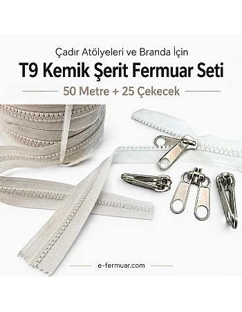 Branda ve Çadır Atölyeleri İçin T9 Kemik Şerit Fermuar Seti – 50 Metre + 25 Çekecek - ST-0012T9-50M25K