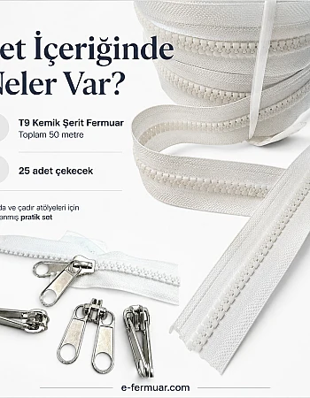 Branda ve Çadır Atölyeleri İçin T9 Kemik Şerit Fermuar Seti – 50 Metre + 25 Çekecek - ST-0012T9-50M25K