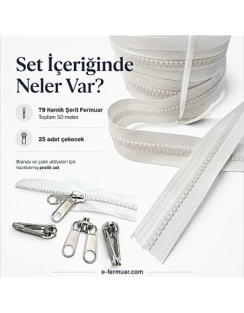 Branda ve Çadır Atölyeleri İçin T9 Kemik Şerit Fermuar Seti – 50 Metre + 25 Çekecek - ST-0012T9-50M25K
