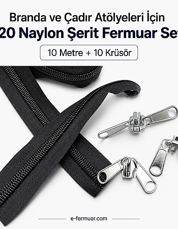 Branda ve Çadır Atölyeleri İçin T20 Naylon Şerit Fermuar Seti – 10 Metre + 10 Krüsör- ST-0013