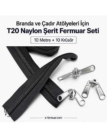 Branda ve Çadır Atölyeleri İçin T20 Naylon Şerit Fermuar Seti – 10 Metre + 10 Krüsör- ST-0013