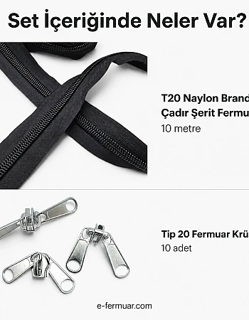 Branda ve Çadır Atölyeleri İçin T20 Naylon Şerit Fermuar Seti – 10 Metre + 10 Krüsör- ST-0013