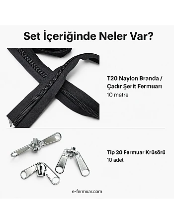 Branda ve Çadır Atölyeleri İçin T20 Naylon Şerit Fermuar Seti – 10 Metre + 10 Krüsör- ST-0013