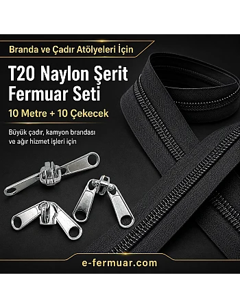 Branda ve Çadır Atölyeleri İçin T20 Naylon Şerit Fermuar Seti – 10 Metre + 10 Krüsör- ST-0013