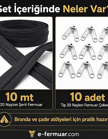 Branda ve Çadır Atölyeleri İçin T20 Naylon Şerit Fermuar Seti – 10 Metre + 10 Çekecek - ST-0013