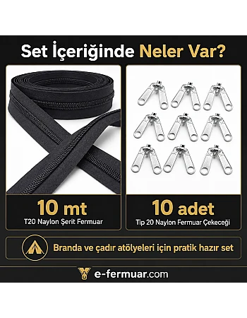 Branda ve Çadır Atölyeleri İçin T20 Naylon Şerit Fermuar Seti – 10 Metre + 10 Krüsör- ST-0013