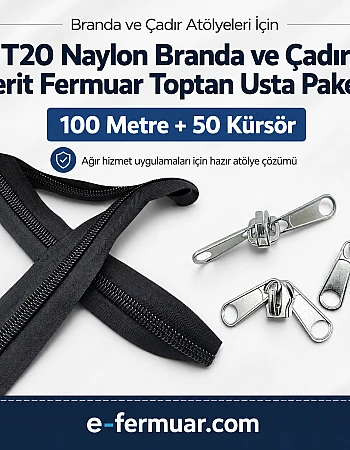 Branda ve Çadır Atölyeleri İçin T20 Naylon Şerit Fermuar Seti – 100 Metre + 50 Krüsör - ST-0013T20-100M50C