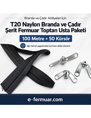 Branda ve Çadır Atölyeleri İçin T20 Naylon Şerit Fermuar Seti – 100 Metre + 50 Krüsör - ST-0013T20-100M50C