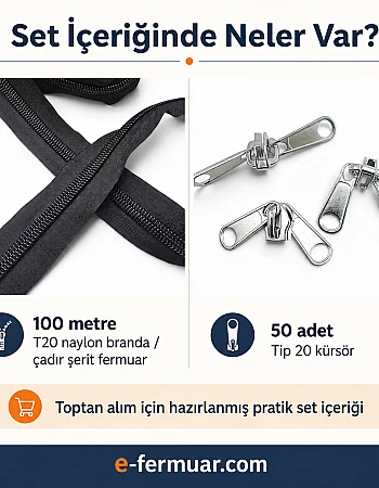 Branda ve Çadır Atölyeleri İçin T20 Naylon Şerit Fermuar Seti – 100 Metre + 50 Krüsör - ST-0013T20-100M50C