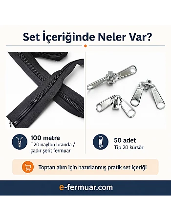 Branda ve Çadır Atölyeleri İçin T20 Naylon Şerit Fermuar Seti – 100 Metre + 50 Krüsör - ST-0013T20-100M50C