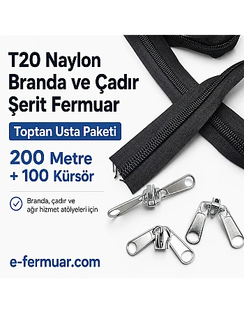 Branda ve Çadır Atölyeleri İçin T20 Naylon Şerit Fermuar Seti – 200 Metre + 100 Krüsör - ST-0013T20-200M100C