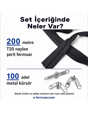 Branda ve Çadır Atölyeleri İçin T20 Naylon Şerit Fermuar Seti – 200 Metre + 100 Krüsör - ST-0013T20-200M100C