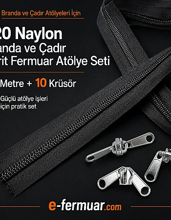 Branda ve Çadır Atölyeleri İçin T20 Naylon Şerit Fermuar Seti – 20 Metre + 10 Krüsör - ST-0013T20-20M10C