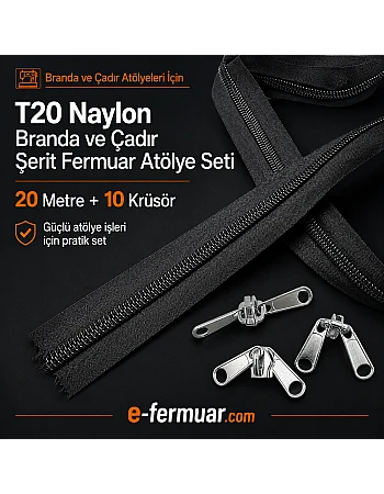 Branda ve Çadır Atölyeleri İçin T20 Naylon Şerit Fermuar Seti – 20 Metre + 10 Krüsör - ST-0013T20-20M10C