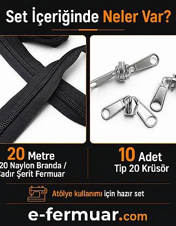Branda ve Çadır Atölyeleri İçin T20 Naylon Şerit Fermuar Seti – 20 Metre + 10 Krüsör - ST-0013T20-20M10C