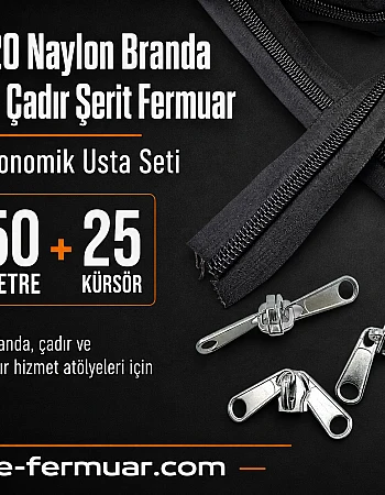 Branda ve Çadır Atölyeleri İçin T20 Naylon Şerit Fermuar Seti – 50 Metre + 25 Krüsör - ST-0013T20-50M25C