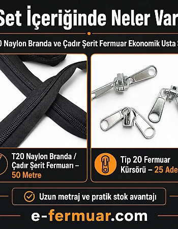 Branda ve Çadır Atölyeleri İçin T20 Naylon Şerit Fermuar Seti – 50 Metre + 25 Krüsör - ST-0013T20-50M25C