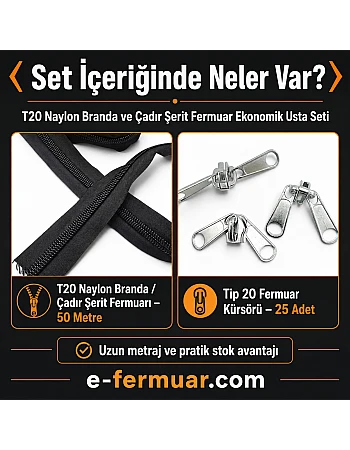 Branda ve Çadır Atölyeleri İçin T20 Naylon Şerit Fermuar Seti – 50 Metre + 25 Krüsör - ST-0013T20-50M25C