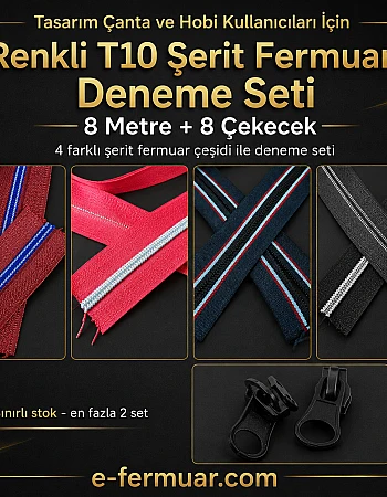 Tasarım Çanta ve Hobi Kullanıcıları İçin Renkli T10 Şerit Fermuar Deneme Seti – 8 Metre + 8 Çekecek - ST-0014