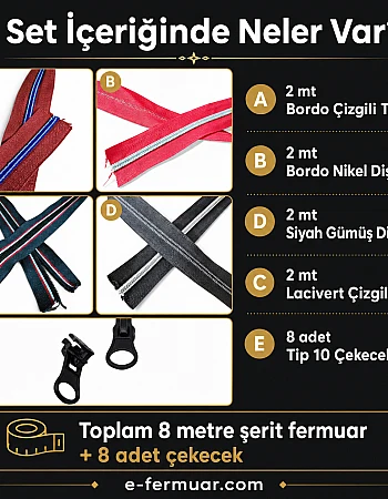 Tasarım Çanta ve Hobi Kullanıcıları İçin Renkli T10 Şerit Fermuar Deneme Seti – 8 Metre + 8 Çekecek - ST-0014