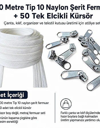Atölyeler İçin Tip 10 Naylon Şerit Fermuar Orta Seviye Seti – 100 Metre + 50 Tek Elcikli Kürsör ST-T10T-NAYLON-100M50C