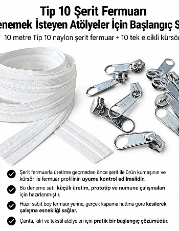 Atölyeler İçin Tip 10 Naylon Şerit Fermuar Deneme Seti – 10 Metre + 10 Tek Elcikli Kürsör ST-T10T-NAYLON-10M10C