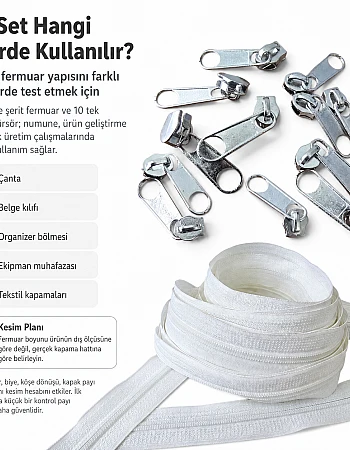 Atölyeler İçin Tip 10 Naylon Şerit Fermuar Deneme Seti – 20 Metre + 10 Tek Elcikli Kürsör ST-T10T-NAYLON-20M10C