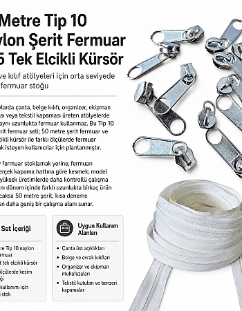 Atölyeler İçin Tip 10 Naylon Şerit Fermuar Orta Seviye Seti – 50 Metre + 25 Tek Elcikli Kürsör ST-T10T-NAYLON-50M25C