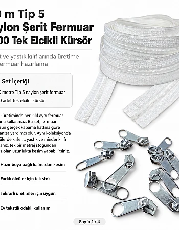 Kırlent ve Yastık Kılıfları İçin Tip 5 Naylon Şerit Fermuar Orta Seviye Seti – 100 Metre + 200 Tek Elcikli Kürsör ST-T5T-NAYLON-100M200K