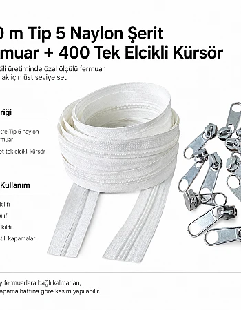 Kırlent ve Yastık Kılıfları İçin Tip 5 Naylon Şerit Fermuar Üst Seviye Seti – 200 Metre + 400 Tek Elcikli Kürsör ST-T5T-NAYLON-200M400K