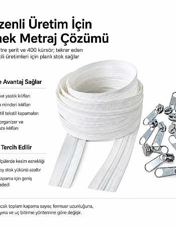 Kırlent ve Yastık Kılıfları İçin Tip 5 Naylon Şerit Fermuar Üst Seviye Seti – 200 Metre + 400 Tek Elcikli Kürsör ST-T5T-NAYLON-200M400K