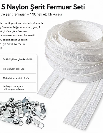 Kırlent ve Yastık Kılıfları İçin Tip 5 Naylon Şerit Fermuar Orta Seviye Seti – 50 Metre + 100 Tek Elcikli Kürsör ST-T5T-NAYLON-50M100K