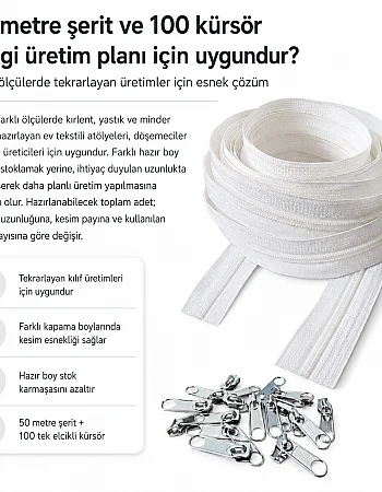 Kırlent ve Yastık Kılıfları İçin Tip 5 Naylon Şerit Fermuar Orta Seviye Seti – 50 Metre + 100 Tek Elcikli Kürsör ST-T5T-NAYLON-50M100K