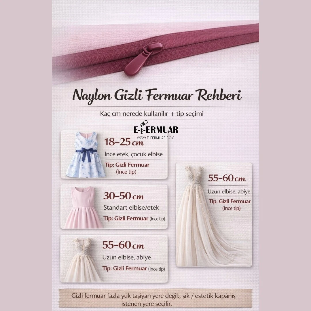 Naylon Gizli Fermuar Rehberi – 18-25cm 30-50cm 55-60cm Kullanım | E-Fermuar