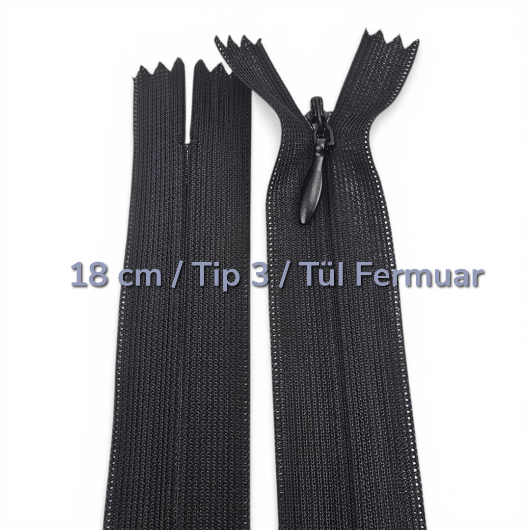 18 cm Tül Şeritli Dipli Gizli Fermuar Tip 3 | Elbise ve Etek İçin | NC0018TUL