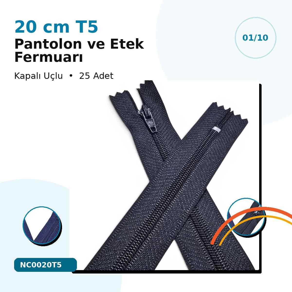 20 cm Pantolon ve Etek Tip 5 Naylon Fermuar Kapalı Uçlu 25 Ad NC0020T5
