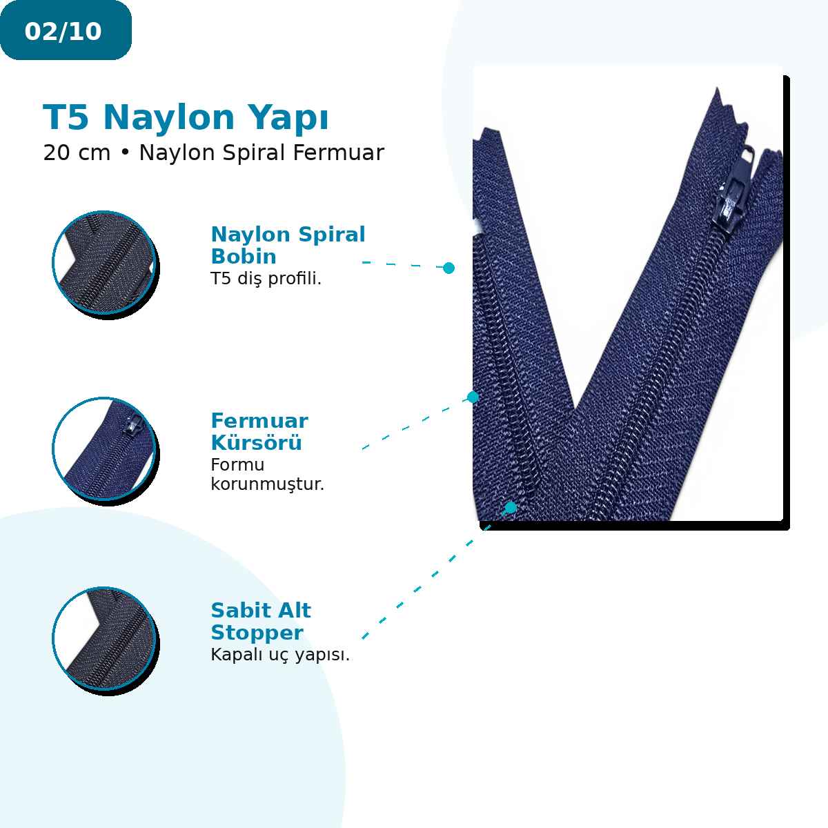 20 cm Pantolon ve Etek Tip 5 Naylon Fermuar Kapalı Uçlu 25 Ad NC0020T5