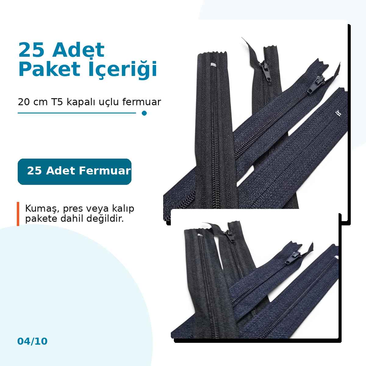 20 cm Pantolon ve Etek Tip 5 Naylon Fermuar Kapalı Uçlu 25 Ad NC0020T5
