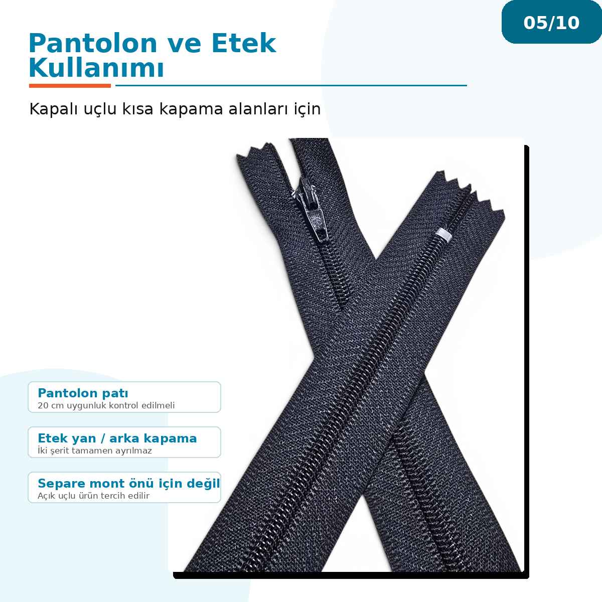 20 cm Pantolon ve Etek Tip 5 Naylon Fermuar Kapalı Uçlu 25 Ad NC0020T5