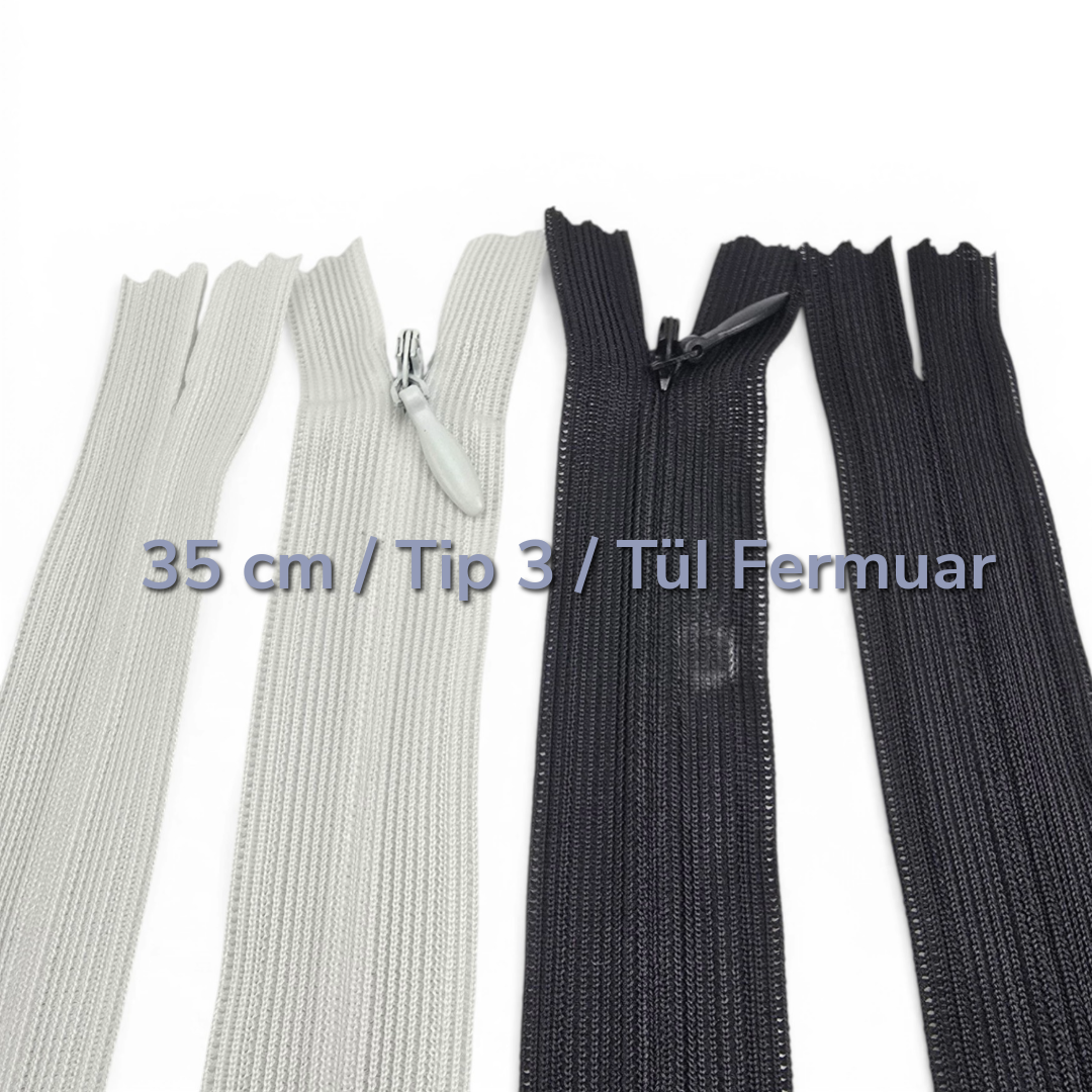 35 cm Tül Şeritli Dipli Gizli Fermuar Tip 3 | Elbise, Etek ve Abiye İçin | NC0035TUL