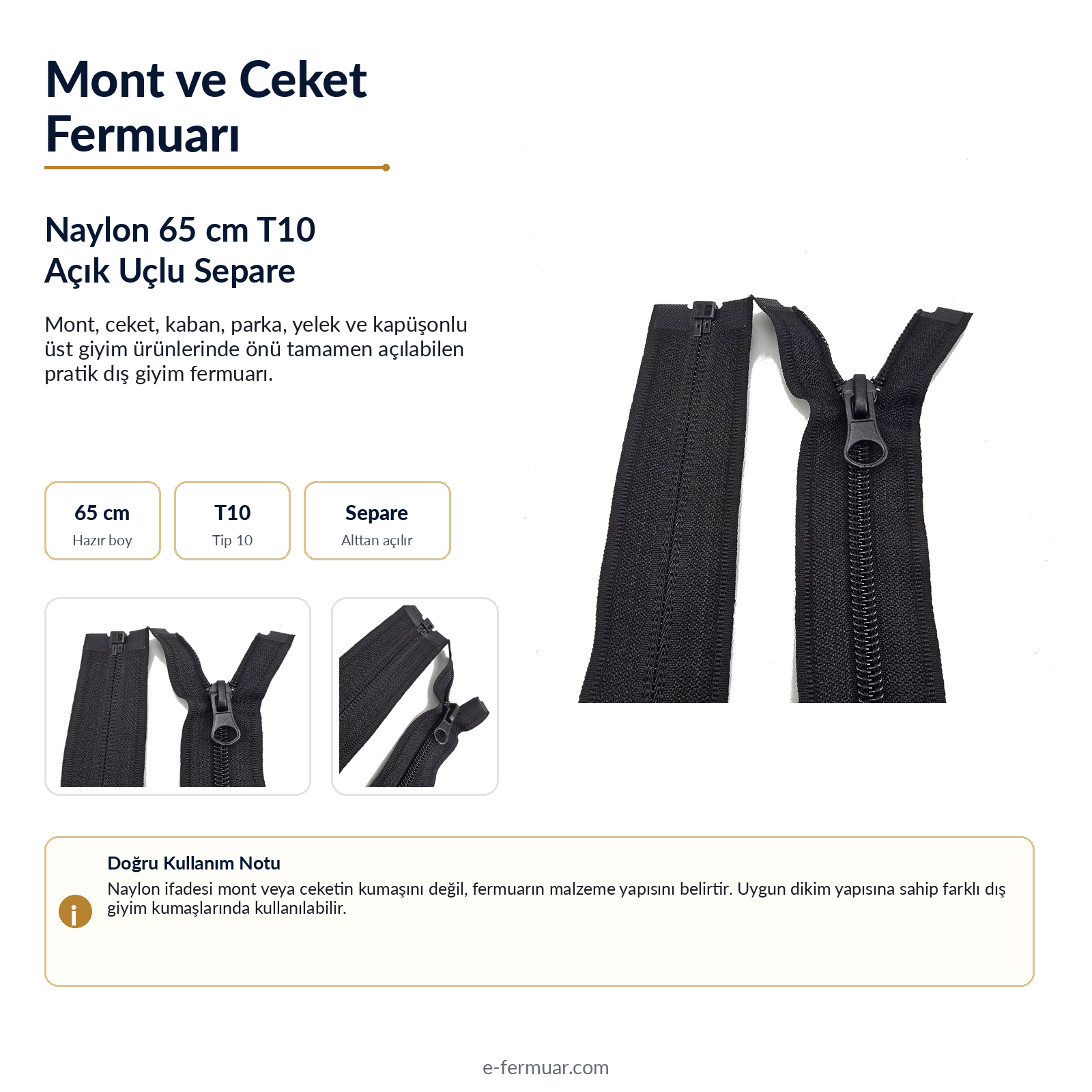 65 cm Tip 10 Naylon Mont Fermuarı Açık Uçlu Separe | Ceket ve Mont İçin | NC0065T10
