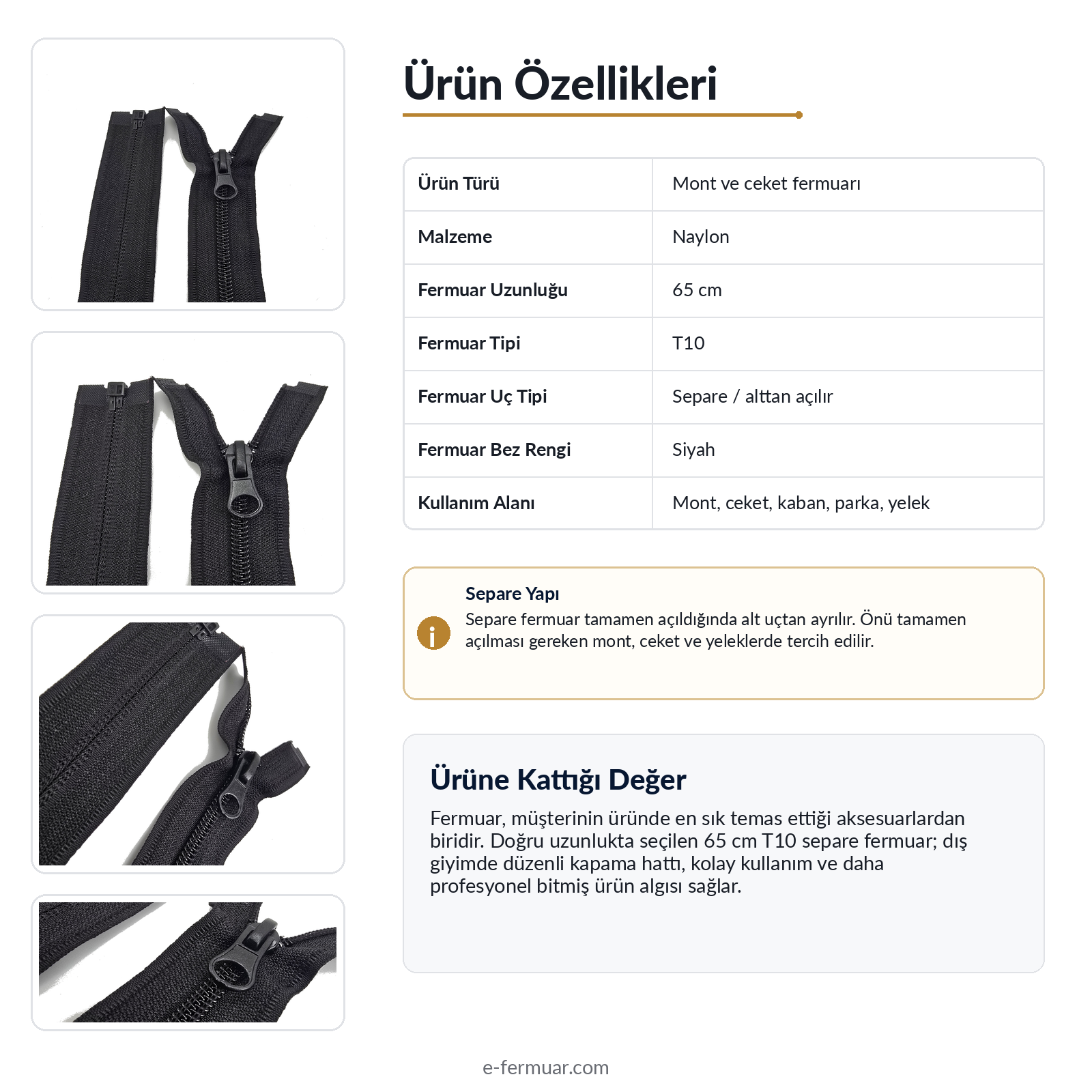 65 cm Tip 10 Naylon Mont Fermuarı Açık Uçlu Separe | Ceket ve Mont İçin | NC0065T10