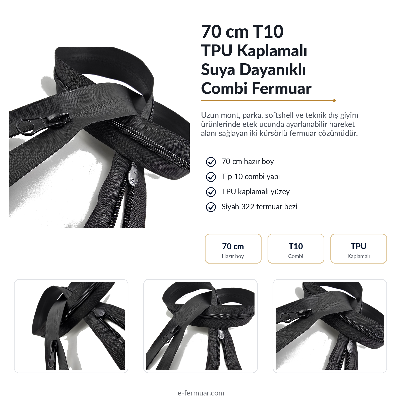 70 cm TPU Su Geçirmez Fermuar Combi | Teknik Dış Giyim ve Çanta İçin | NC0070SG