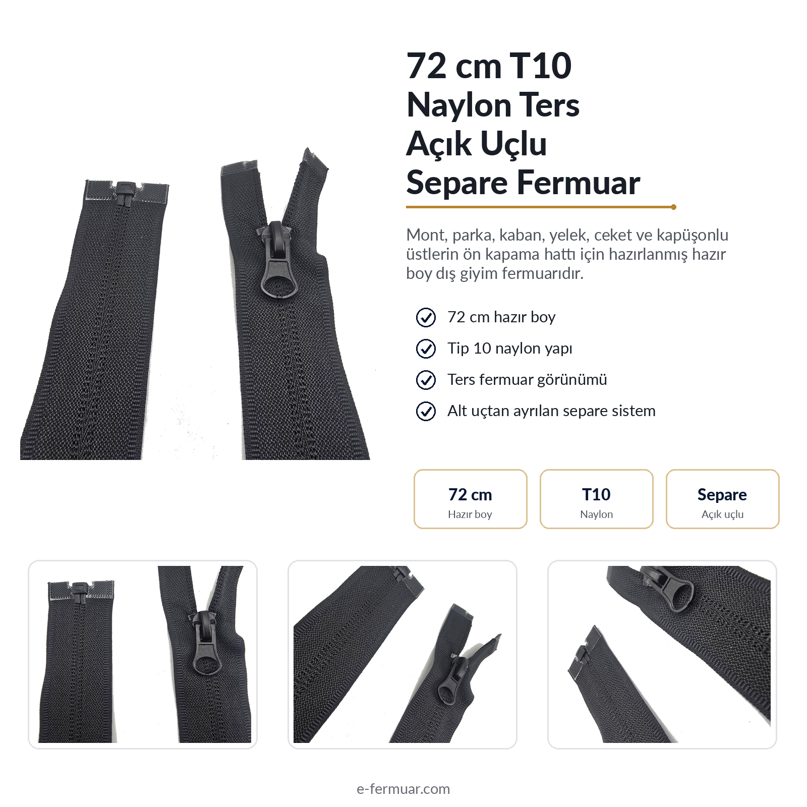 72 cm Tip 10 Naylon Mont Fermuarı Açık Uçlu Separe | Mont ve Ceket İçin | NC0072T10