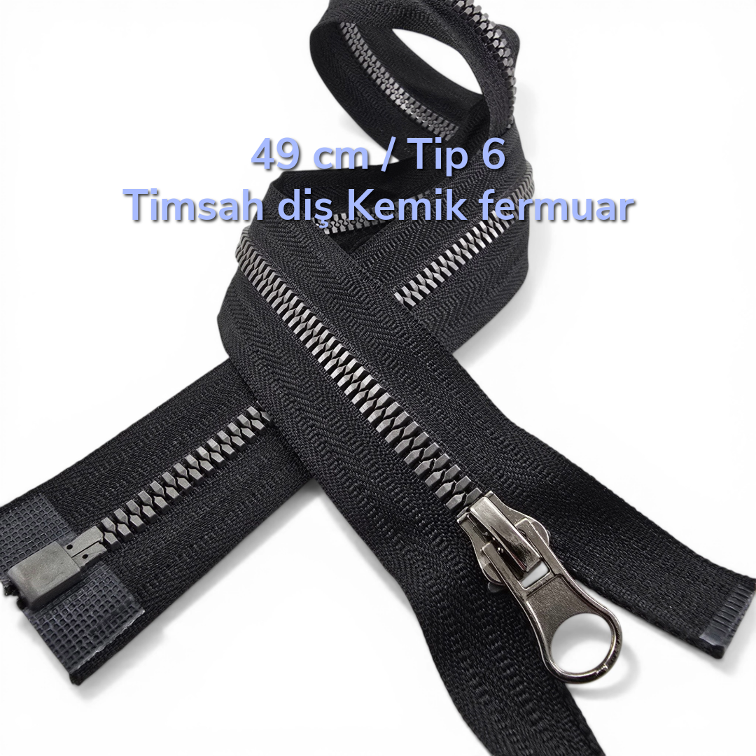 49 cm long #6 alligator tooth chunky zipper, ideal for jackets and coats.