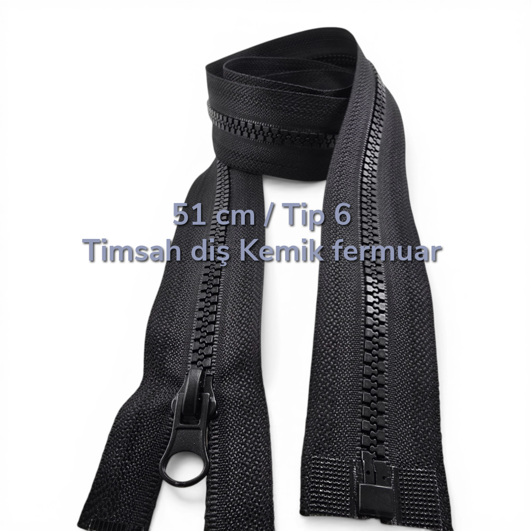 51 cm T6 Timsah Diş Kemik Fermuar, mont ve ceketleriniz için estetik ve sağlam bir seçenek.